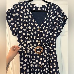 THML, navy/ cow print boutique midi dress w/belt. SZ: Large